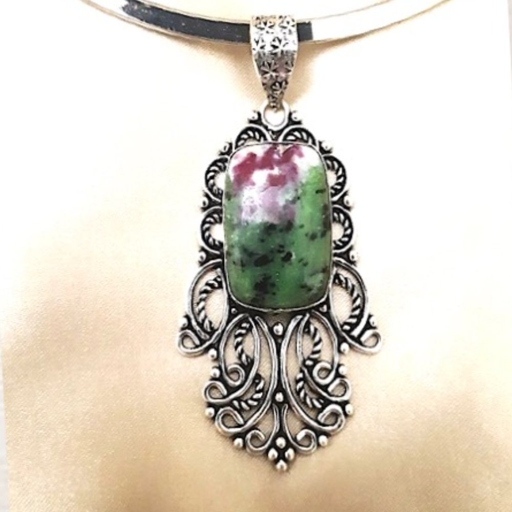 Ruby Zoisite (pd3) Pendant Natural Gems Green Purple Filigree Silver Art 2.5" L